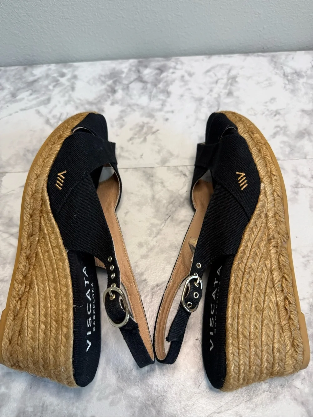 Viscata Barcelona Black Crisscross Espadrille Wedge Sandals Sz 8 1/2 made Spain